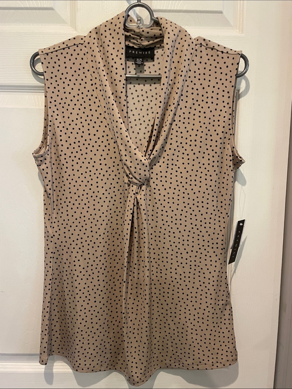Premise Taupe Polka Dot Twist-Neck Sleeveless Top